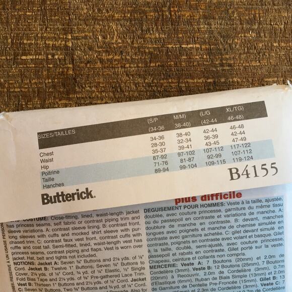 Butterick Sewing Pattern B4155 Mens Making History Hamilton Costume S M UNCUT - Picture 3 of 3